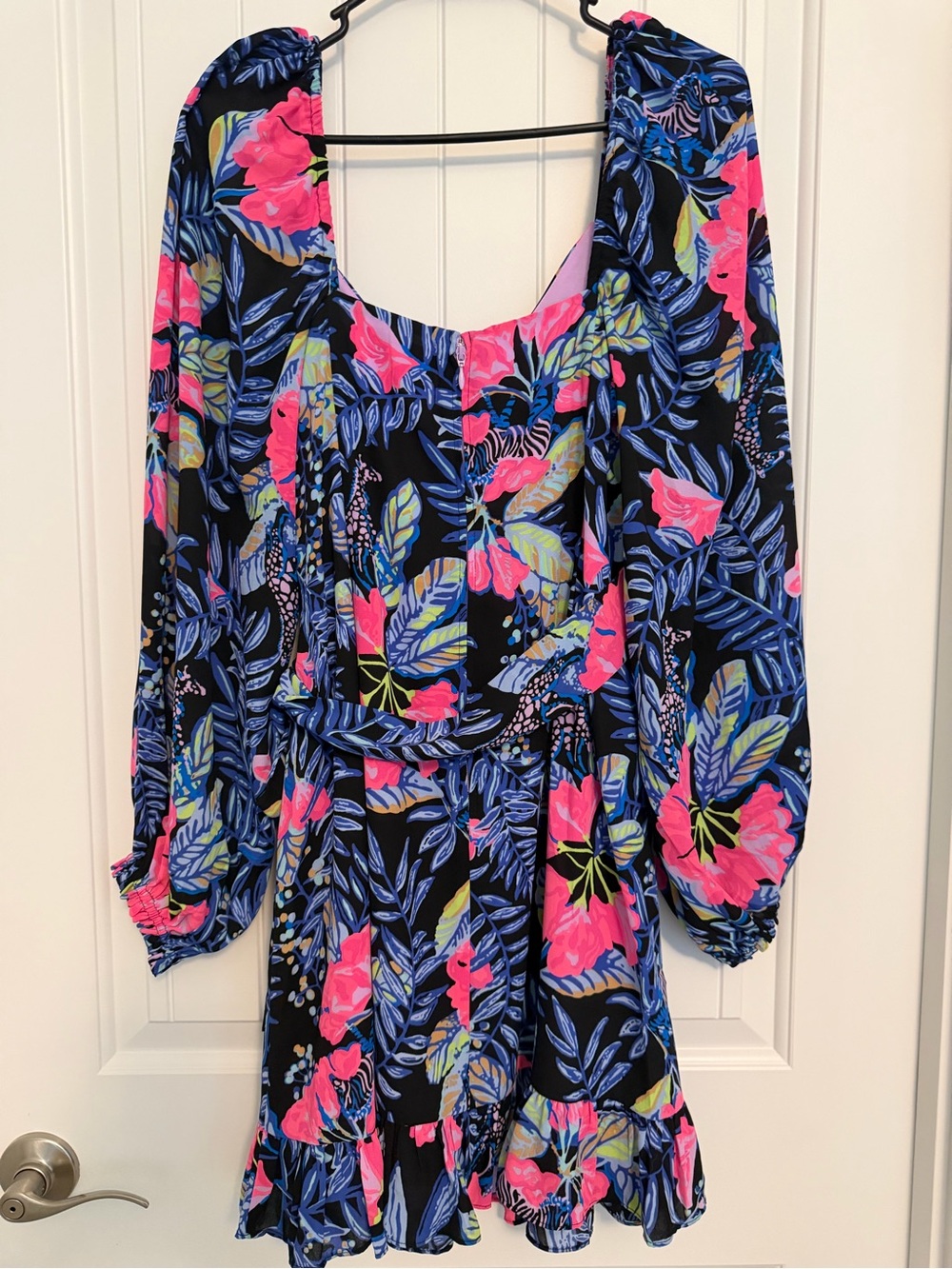 NWT Lilly Pulitzer Black Floral Wrap Dress with Pink and Blue Leaves